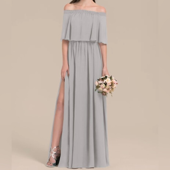 JJs House Dresses & Skirts - JJ House Silver A-line Off The Shoulder Chiffon Dress With Front Split Sz 2